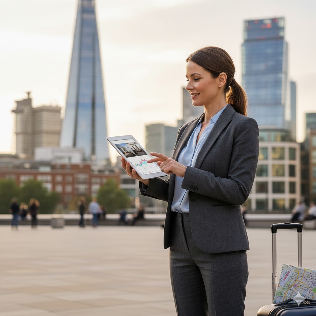 Foreign national investor reviewing UK property listings on a tablet in London city centre