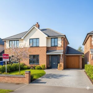 Modern detached UK home with a “Sold” sign, representing a successful house purchase funded through bridging finance.