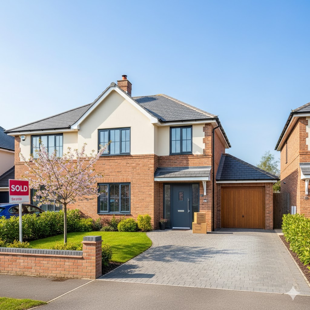 Modern detached UK home with a “Sold” sign, representing a successful house purchase funded through bridging finance.