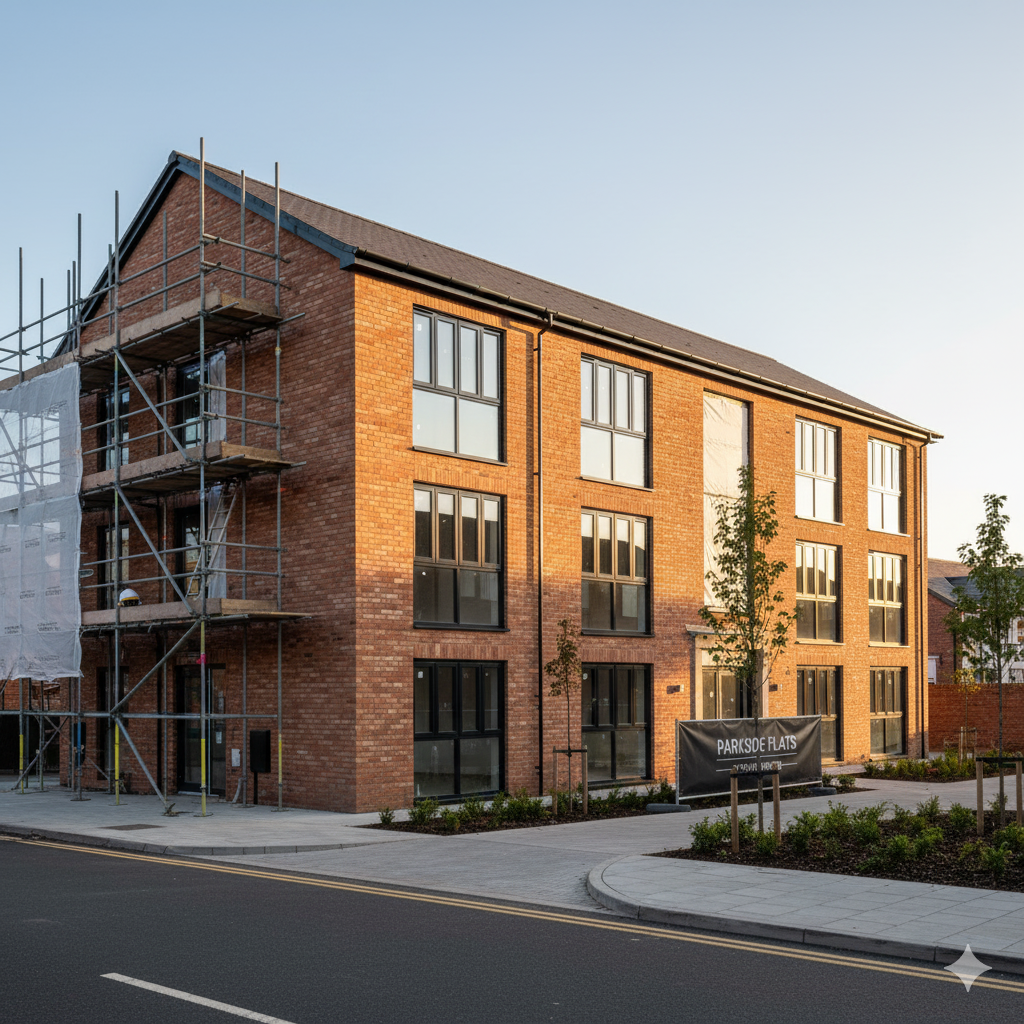 Mid-sized UK office building being converted into residential flats with scaffolding and landscaping; funded through bridging finance arranged by GPS Financial.