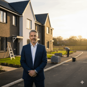 A confident property developer standing outside a nearly completed row of modern homes at sunset, symbolising success and project completion, representing GPS Financial’s developer exit loan solutions.